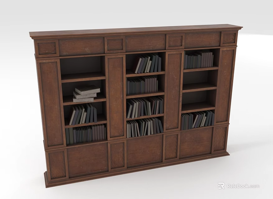 Solid Wooden Brown Bookcase With Multiple Open Shelves And Stacked Books 3d model