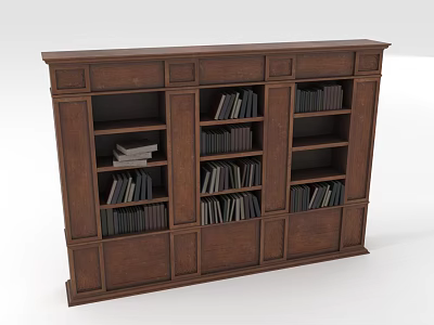 Solid Wooden Brown Bookcase With Multiple Open Shelves And Stacked Books 3d model