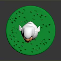 White Cartoon Duck Standing On Green Circular Grass With Orange Beak And Black Eyes