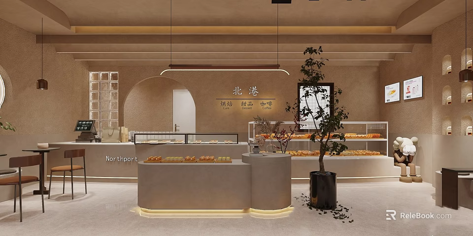 Cozy Dessert Shop Interior With Pastry Displays And Plants 3d model 