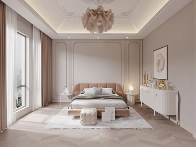 Elegant Bedroom Interior With Chandelier Bed Nightstands Dresser Rug Window Curtains And Wall Painting 3d model