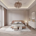 Elegant Bedroom Interior With Chandelier Bed Nightstands Dresser Rug Window Curtains And Wall Painting