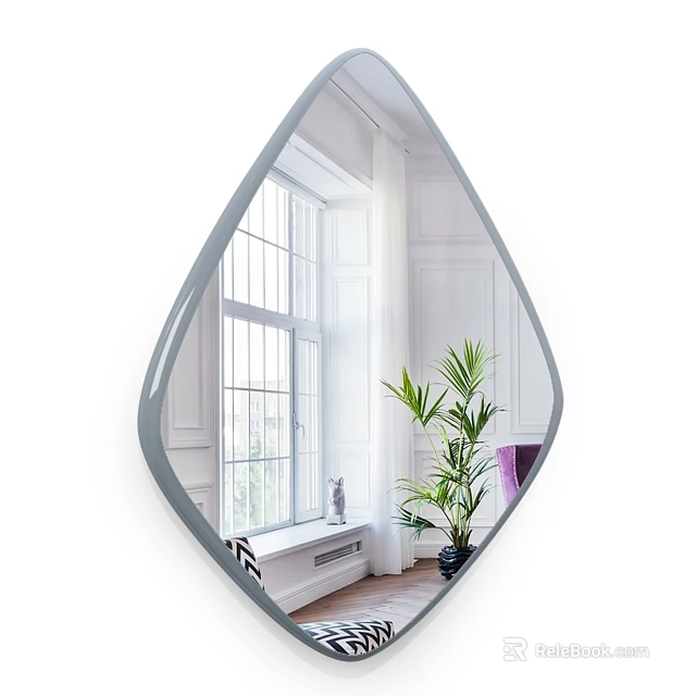 Bathroom Mirror Teardrop Shaped Design Reflects Window Plant White Walls And Wooden Floor 3d model 