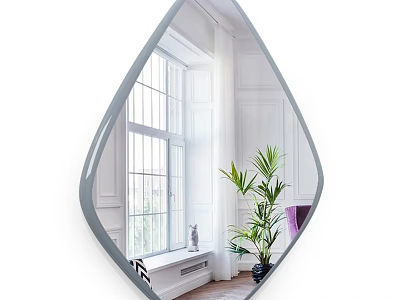 Bathroom Mirror Teardrop Shaped Design Reflects Window Plant White Walls And Wooden Floor 3d model
