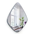 Bathroom Mirror Teardrop Shaped Design Reflects Window Plant White Walls And Wooden Floor