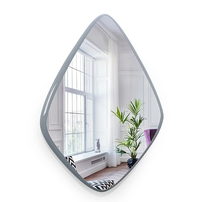 Bathroom Mirror Teardrop Shaped Design Reflects Window Plant White Walls And Wooden Floor 3d model