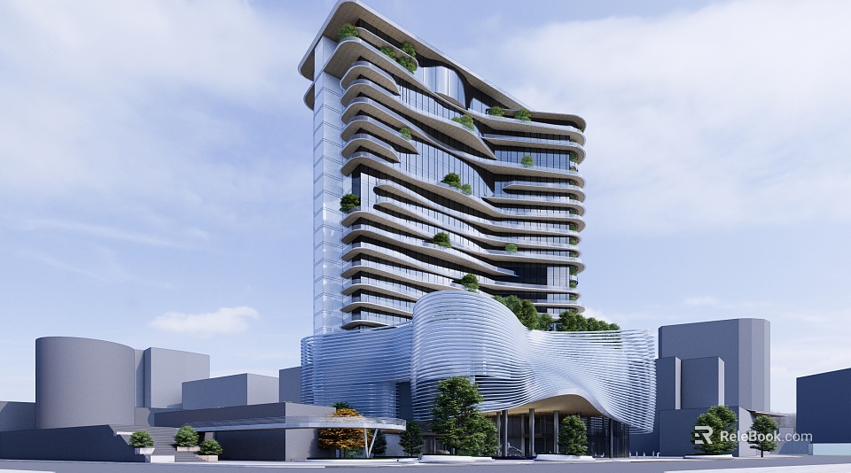 Modern High Rise Hotel Building With Glass Facade Vertical Greenery And Wavy Architectural Design 3d model 