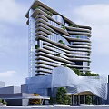 Modern High Rise Hotel Building With Glass Facade Vertical Greenery And Wavy Architectural Design