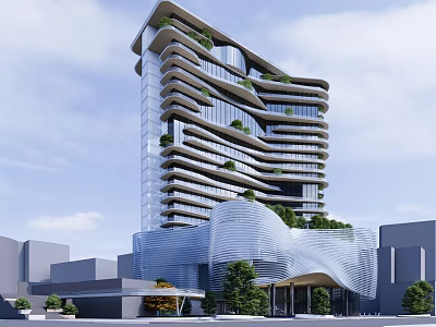 Modern High Rise Hotel Building With Glass Facade Vertical Greenery And Wavy Architectural Design 3d model