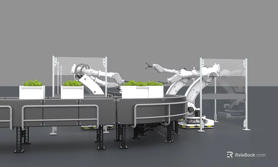 Automated Industrial Equipment With Robotic Arms On Circular Workbench Transparent Screens And Green Plants 3d model 