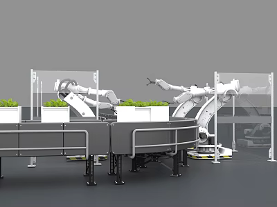 Automated Industrial Equipment With Robotic Arms On Circular Workbench Transparent Screens And Green Plants 3d model