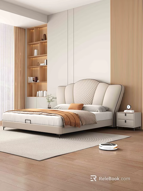Elegant Modern Bedroom Interior Design With Large Bed Tufted Headboard Nightstand Wooden Bookshelf And Rug 3d model 