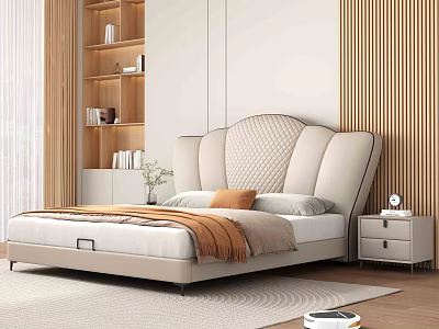 Elegant Modern Bedroom Interior Design With Large Bed Tufted Headboard Nightstand Wooden Bookshelf And Rug 3d model