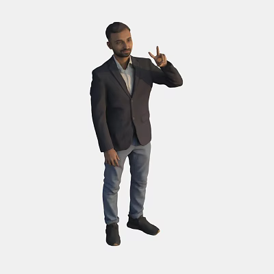 Man Wearing Suit Jacket White Shirt Gray Pants Black Shoes Making Victory Sign 3d model