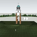 Scenic Clock Tower With White Top Green Dome And Red Brick Structure In Grass Field