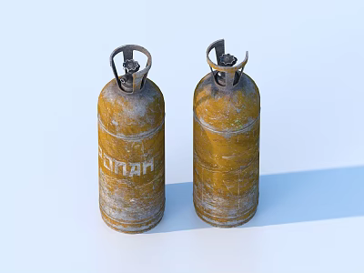 Two Yellow LPG Gas Cylinders As Essential Household Supplies With Rusty Finish 3d model