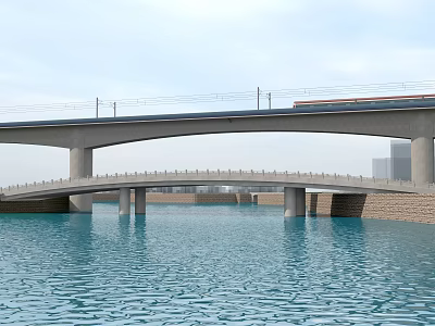 Modern Bridge And Stone Arch Bridge Over Calm Blue Water With Railings 3d model