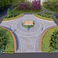 Garden Ornament Featuring Tilted Stone Slabs Inscriptions On Circular Lawn With Brick Pavement And Low Wall
