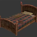 Traditional Wooden Bed With Carved Headboard Footboard Plaid Blanket And Pillows
