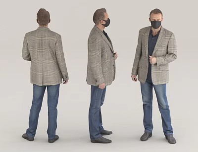 Man in Plaid Blazer and Blue Jeans wearing Face Mask displayed from three different angles 3d model