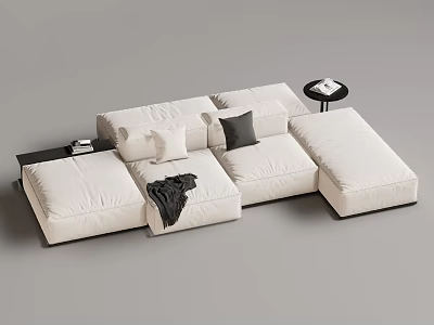 Minimalist White Sectional Sofa With Plush Cushions Side Table And Throw Blanket 3d model