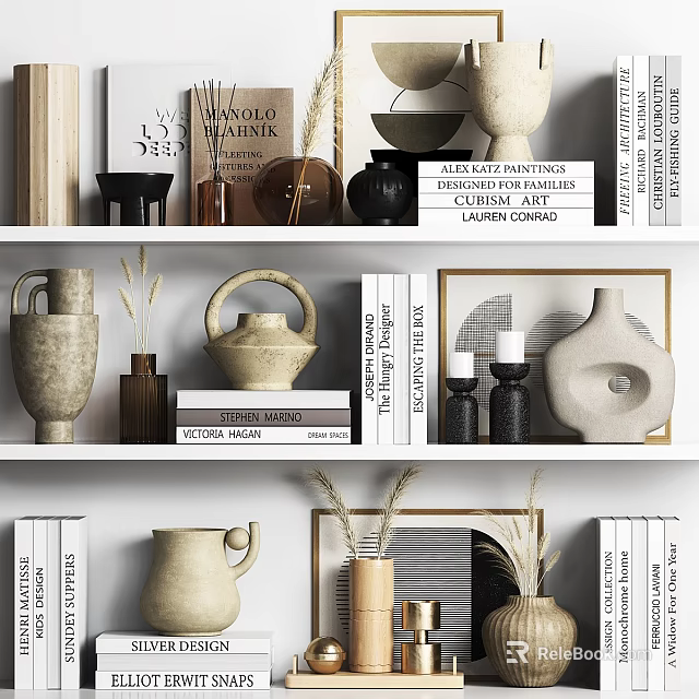 Stylish Decorative Ornament Set With Ceramic Vases Books Framed Art And Decorative Jars 3d model 