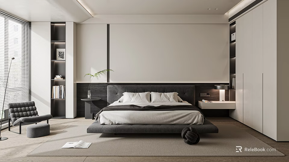 Minimalist Modern Bedroom Interior With Platform Bed Nightstands And Potted Plant 3d model 