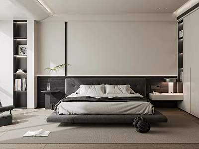 Minimalist Modern Bedroom Interior With Platform Bed Nightstands And Potted Plant 3d model