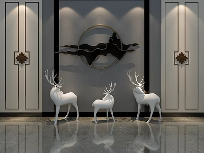 Modern Gray Bedroom Accent Wall With Round Decor Black Abstract Design And White Deer Statues 3d model