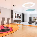 Basketball Court Interior With Orange Ceiling Red Orange Floor Basketball Hoops And Athlete Poster On Wall
