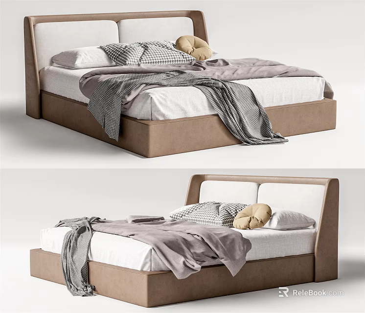 Modern Double Bed With Upholstered Frame Gray Blanket And Decorative Pillows 3d model
