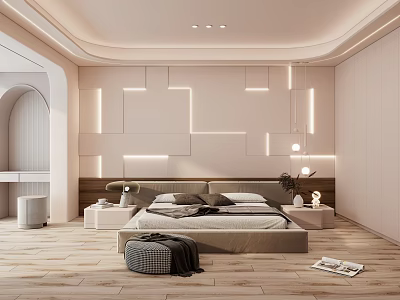 Modern Bedroom Interior Design With Illuminated Wall Panels Bed Nightstands And Wooden Floor 3d model