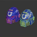 Two Blue Mechanical Helmets With White Logo Red Details On Black Background 3d model