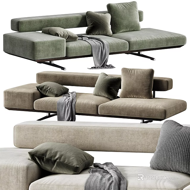 Modern Upholstered Two Seater Sofa With Green Beige Tones Plush Pillows And Soft Blanket 3d model 