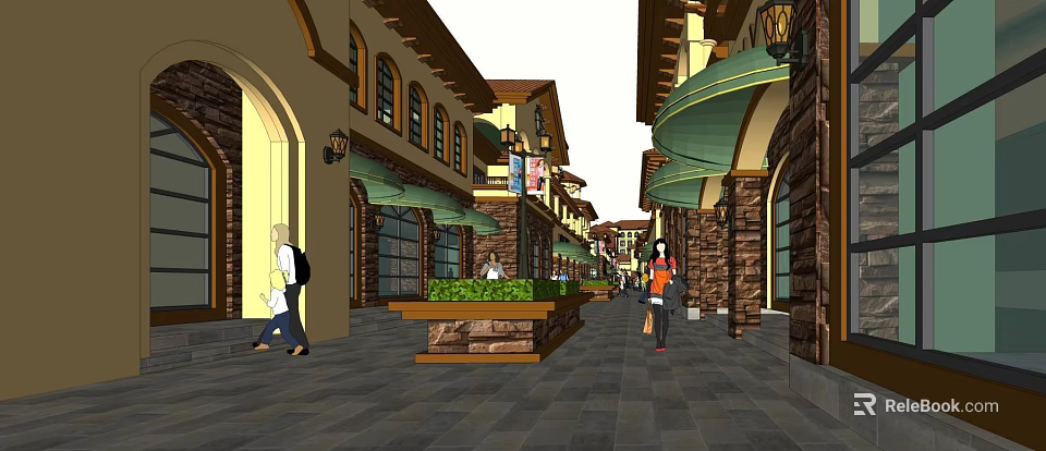 Vibrant Commercial Street Featuring Arcades Shop Facades Pedestrians Stone Decorations And Greenery 3d model 