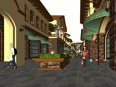 Vibrant Commercial Street Featuring Arcades Shop Facades Pedestrians Stone Decorations And Greenery 3d model