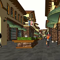Vibrant Commercial Street Featuring Arcades Shop Facades Pedestrians Stone Decorations And Greenery