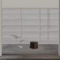 White Modern Curtains in Bright Room Window with Small Plant Brown Stool and Round Rug