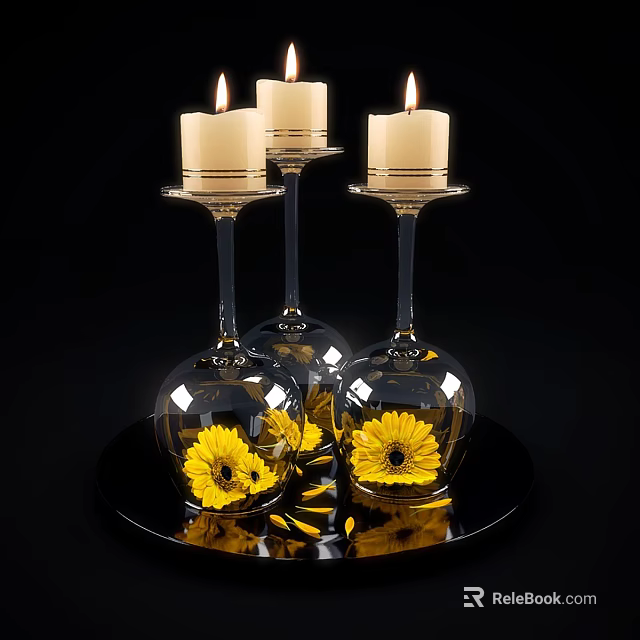 Elegant Lit Candle Lamps With Transparent Glass Base And Yellow Flowers 3d model 