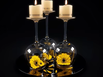 Elegant Lit Candle Lamps With Transparent Glass Base And Yellow Flowers 3d model