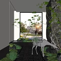 Indoor Garden Ornament Design With Stone Feature Green Plants Golden Deer And Pebble Floor