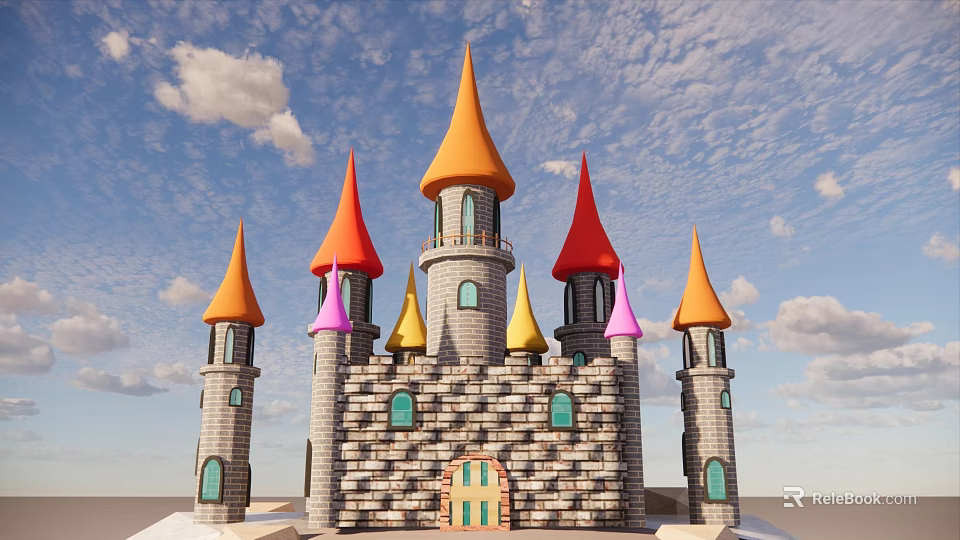 Colorful Cartoon Castle With Orange Red Yellow Purple Spires And Stone Brick Walls 3d model 