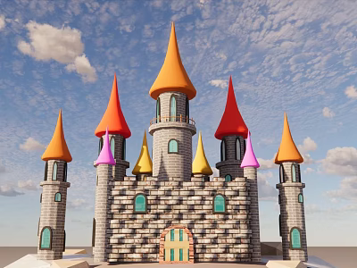 Colorful Cartoon Castle With Orange Red Yellow Purple Spires And Stone Brick Walls 3d model