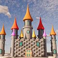 Colorful Cartoon Castle With Orange Red Yellow Purple Spires And Stone Brick Walls