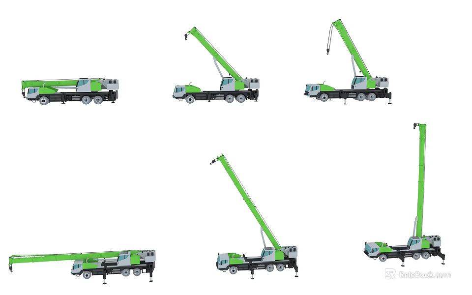 Green Truck Mounted Cranes Displayed In Multiple Working Positions And Angles 3d model
