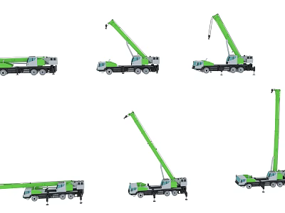 Green Truck Mounted Cranes Displayed In Multiple Working Positions And Angles 3d model
