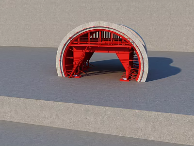 Public Facility Arched Structure Featuring Red Metal Frame and Concrete Design 3d model