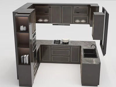 Modern Dark Kitchen Cabinets With Stone Countertop Island Drawers And Open Shelves 3d model
