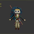 3D Model Adventurous Cartoon Character With Blue Hair Big Eyes Green Coat And Staff