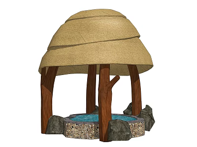 Outdoor Traditional Thatched Pavilion With Wooden Pillars Circular Pool And Stones 3d model